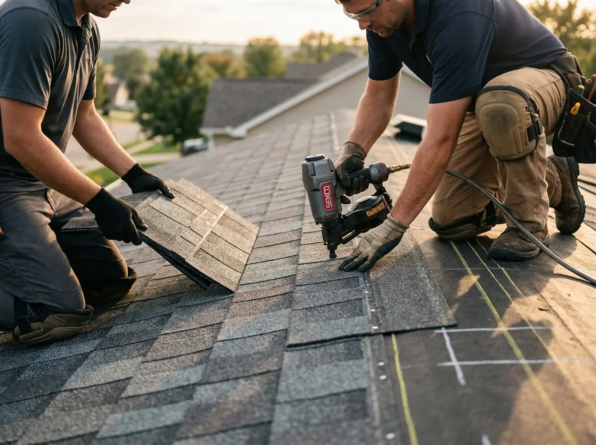 Professional roofer working on a residential roof in Surfside